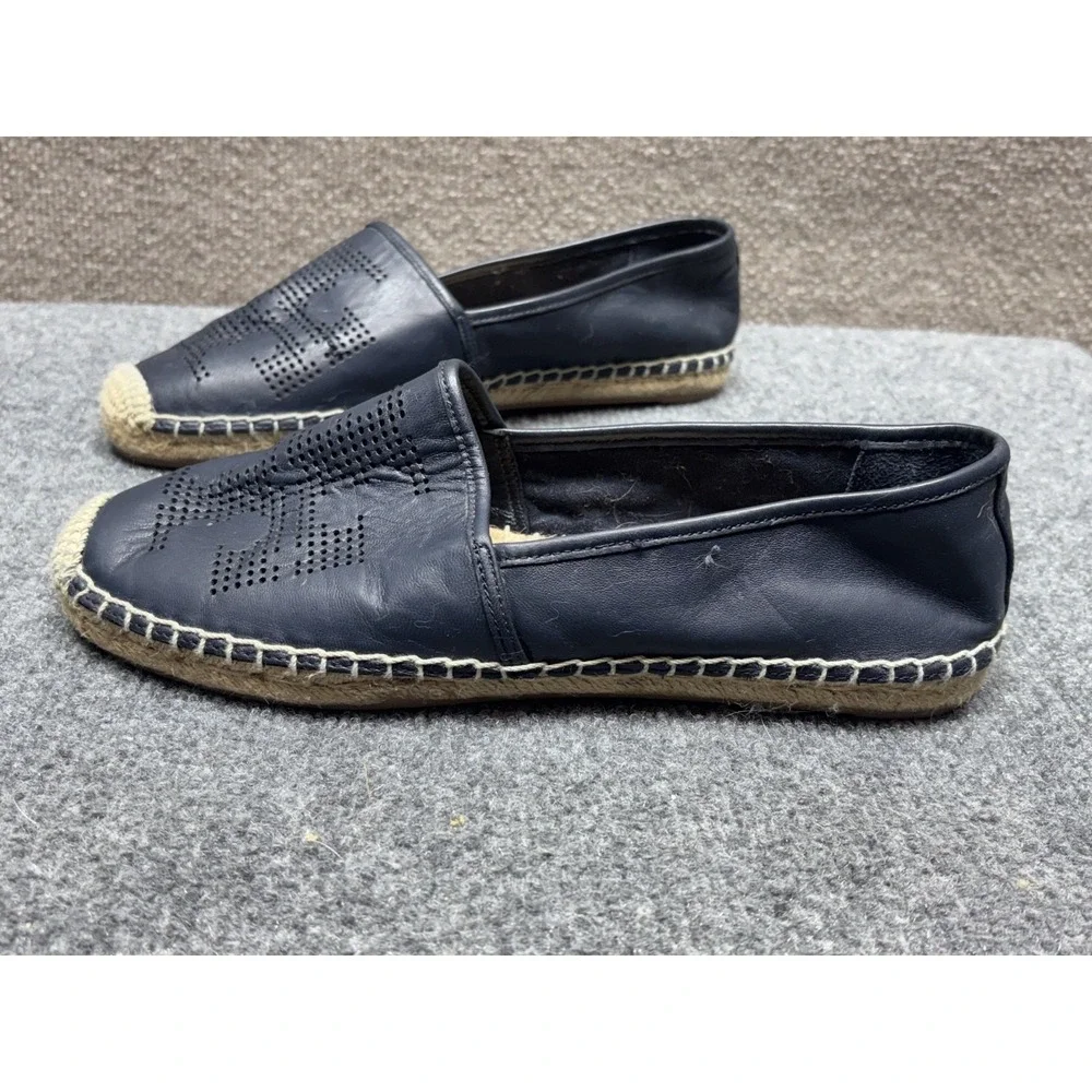 Tory Burch Espadrille Perforated Navy Blue Leather Toe Slip-on Shoes Size US 9.5
